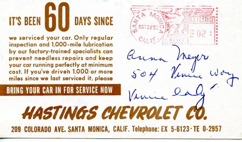 AZ - Grand Canyon. Service notice from Hastings Chevrolet, Santa Monica, CA