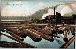 Washington Saw Mill, Logs Floating in Water Vintage Postcard P06