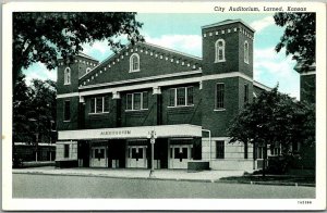Larned, Kansas Postcard City Auditorium Building / Street View Curteich c1930s 