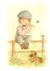 Boy in fence, playing flute, dog Lovely Spanish, artist signed postcard 1960s.