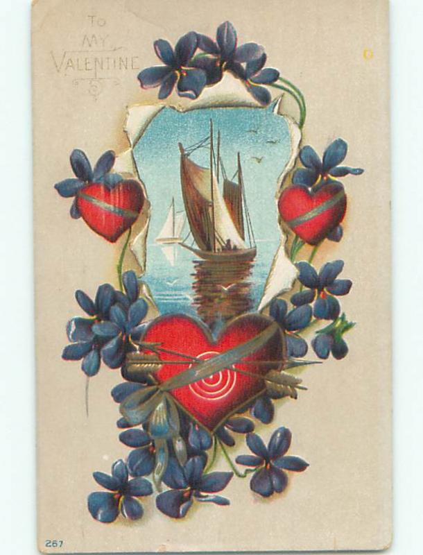 Pre-Linen valentine SAILBOAT BOAT WITH HEARTS AND FLOWERS k9612