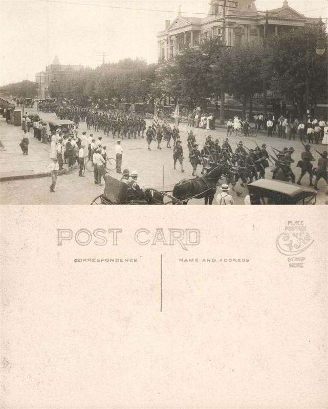 U.S. ARMY PARADE w/ AMERICAN FLAGS WWI REAL PHOTO POSTCARD ANTIQUE RPPC