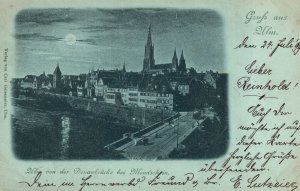 Vintage Postcard Ulm Von Der Donaubrucke Bei Mondschein Grufs Aus Ulm