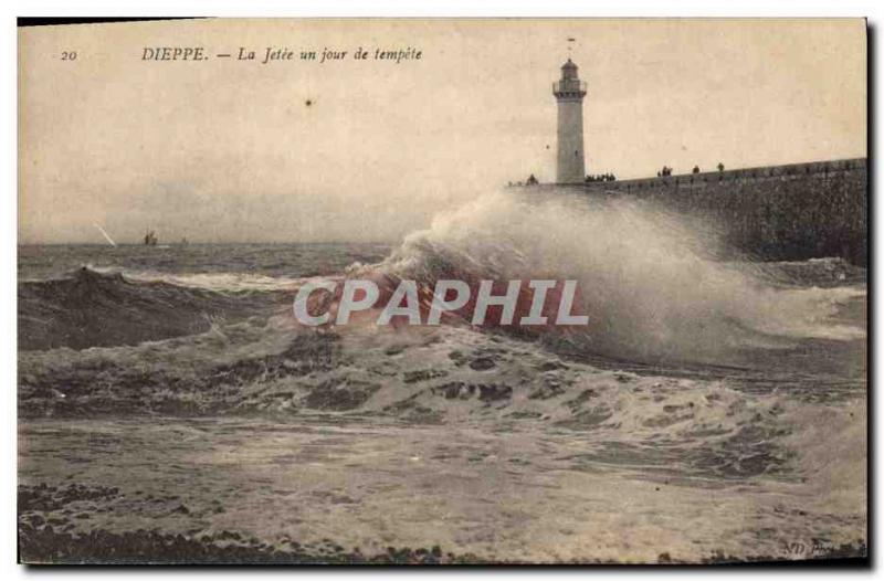 Old Postcard Lighthouse Dieppe The pier one day storm