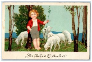 c1910's Happy Easter Little Boy And Lamb Field German Posted Antique Postcard