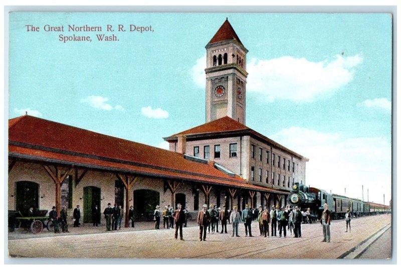 c1920s The Great Northern Railroad Depot Exterior Spokane Washington WA Postcard