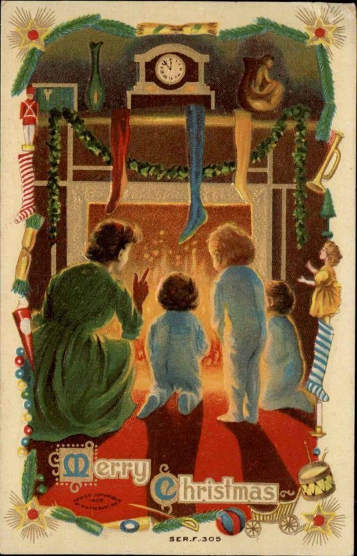 Christmas Mom and Children Wait for Santa by Fire c1910 Vintage Postcard