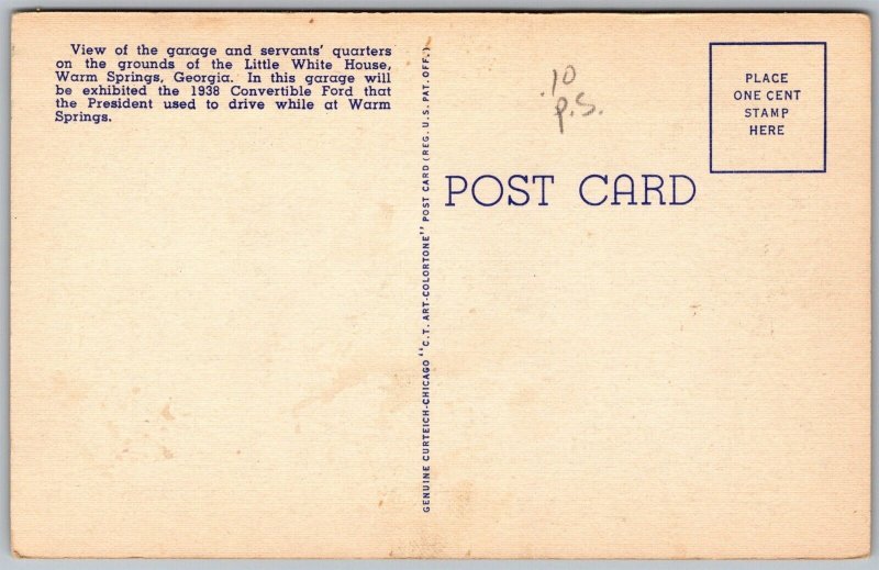 Vtg Warm Springs GA Little White House Garage & Servants Quarters 1940s Postcard