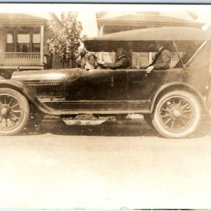 c1910s Men in Touring Car Side RPPC Street View Real Photo Auto Postcard A128