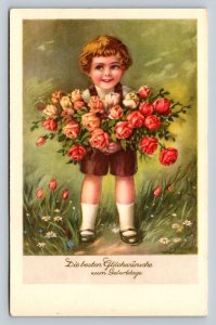 c1936 Boy with Bouquet of Flowers Birthday Wishes Embossed Vintage Postcard 1117