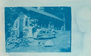 Cyanotype Postcard Women in Large Hats By River Rock Cabin San Gabriel Mountains