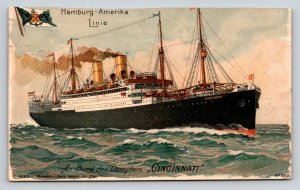 1910 Hamburg-Amerika Linie SS Cincinnati Ocean Liner Postcard New York Postmark
