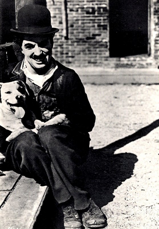 A Smiling Charlie Chaplin with a Dog - Large Size Postcard