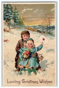 1908 Christmas Wishes Children Sledding With Flowers Embossed Newark NJ Postcard