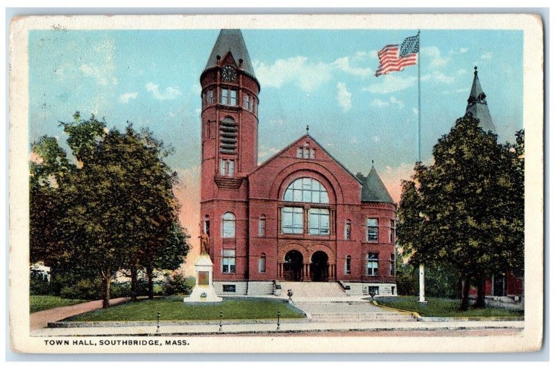 1921 Town Hall Building Tower Clock Southbridge Massachusetts MA Postcard