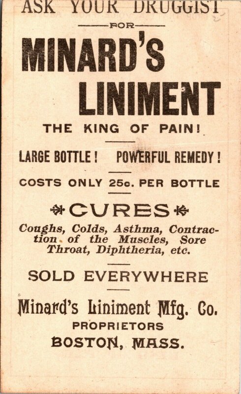 Minard's Liniment - DROP ACCIDENT -  Boston, Mass. VICTORIAN Trade Card