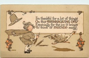 1912 AM Davis Thanksgiving Postcard Child Pilgrim Only Gets Turkey Tail Feathers