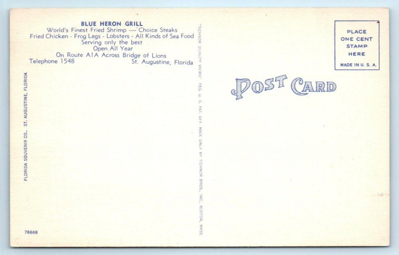 ST AUGUSTINE, FL Florida  BLUE HERON GRILL c1940s Linen Roadside Postcard