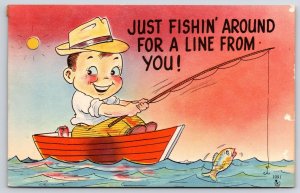 1949 Little Boy Fishing Just Fishin Around For A Line From You Posted Postcard
