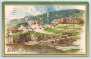 St Patricks Day~Dunmore Village~Co Waterford Ireland~Gold Emboss Border~1911 PC