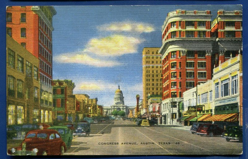 Austin Texas Congress Avenue linen 1930s autos postcard