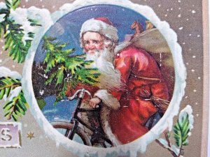 Christmas Postcard Santa Claus Riding Bicycle Bike 59 International Arts Germany 