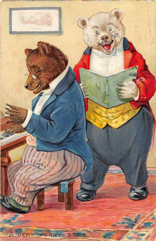 Dressed Bears Very Funny Song Singing Playing Piano Vintage Postcard AA10001