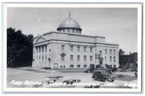 Washington Iowa IA Postcard RPPC Photo First Methodist Church Cars c1930's