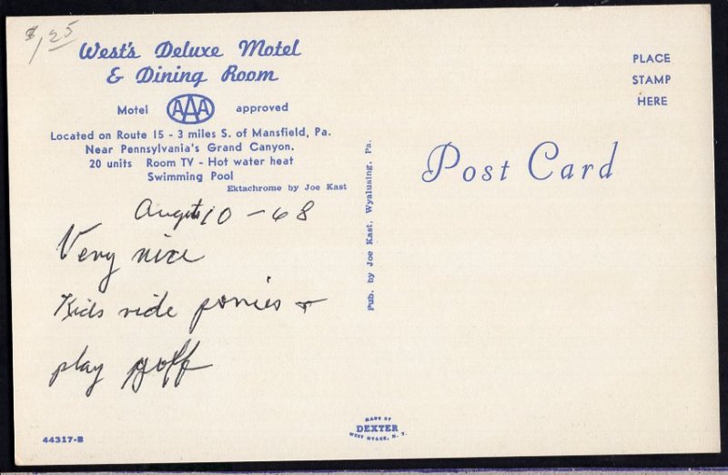 Pennsylvania MANSFIELD West's Deluxe Motel & Dining Room located on Route 15