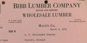 1953 Bibb Lumber Company Macon GA Rough and Dressed Wholesale Lumber Invoice 303