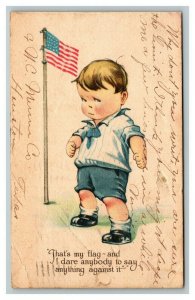 Vintage 1917 Patriotic Postcard Boy Defends the Flag WW1 Propaganda NICE