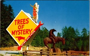 Trees of Mystery Entrance Sign, End of the Trail Carving, CA Vtg Postcard Q55