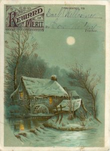 Victorian Reward of Merit Card Presented to Student from Teacher - Snow, Cabin