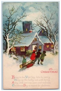 1924 Merry Christmas Children Pulling Log In Winter House Wolf Antique Postcard