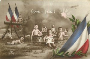 Postcard C-1915 France patriotic babies flags early aviation fantasy TP24-4060