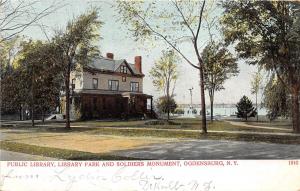 B87/ Ogdensburg New York NY Postcard 1907 Public Library Park Soldiers Monument