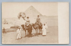 EGYPT SPHINX PYRAMID TOURISTS on CAMELS ANTIQUE REAL PHOTO POSTCARD RPPC 