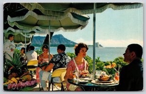 Hawaii~Halekulani Hotel~Coral Lanai Terrace~Umbrella~Diamond Head~1965 Postcard