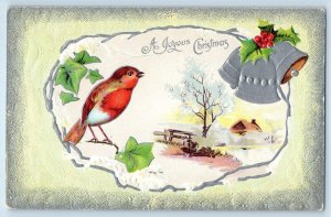 c1910s Christmas Song Bird And Holly Berries Bells Winter Scene Antique Postcard