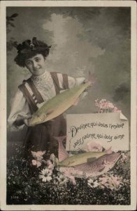 Pretty Woman w Fish Tinted Real Photo APRIL FOOL'S c1920 RPPC Postcard