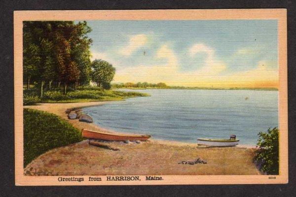 ME Greetings From Harrison Maine Pond view Postcard Linen PC