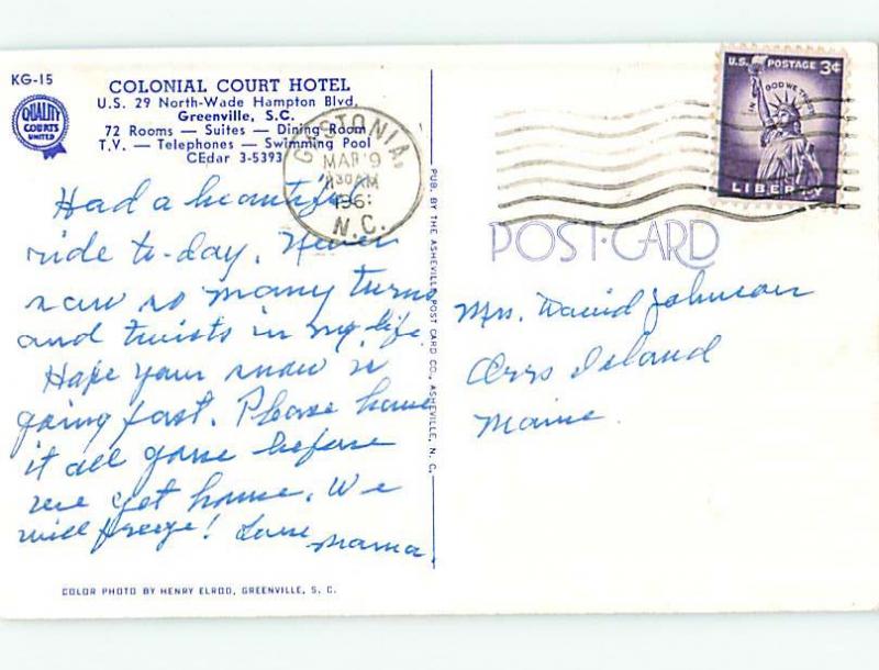 1950's COLONIAL COURT HOTEL Greenville South Carolina SC Q6182