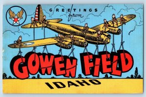 Idaho Postcard Greetings Gowen Field Airplane Soldiers Banner Large Letters 1940