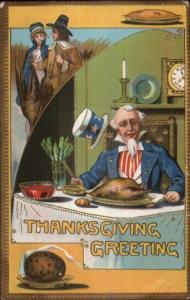Thanksgiving Patriotic - Uncle Sam at Dinner Table c1910 Embossed Postcard