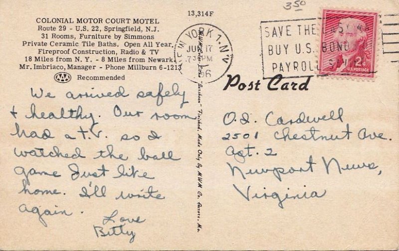 Postcard Colonial Motor Court Motels Springfield NJ