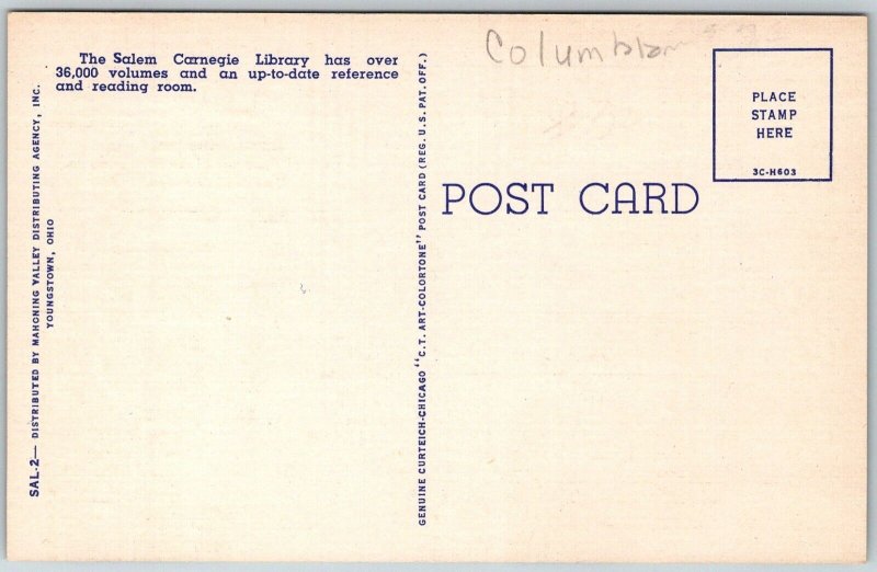 Salem Ohio 1940s Postcard Carnegie Public Library and Elks Temple