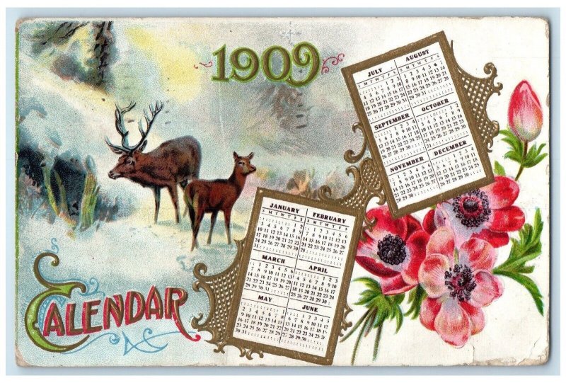 1909 Elk In Winter Calendar Pink Flowers Louisville Kentucky KY Antique Postcard