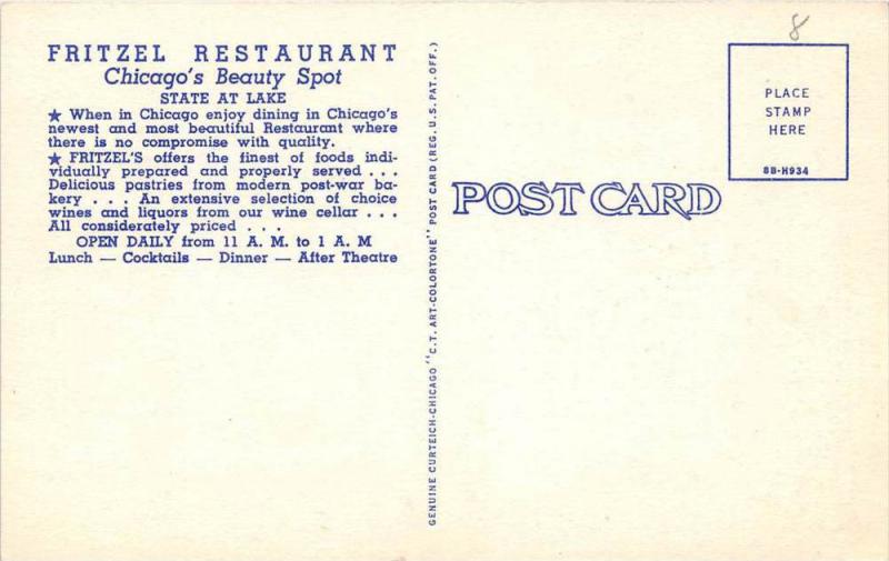 4351 IL Chicago 1940's  Fritzel Restaurant  Dinning Room Interior