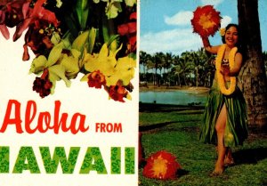 Aloha From Hawaii Postcard Chrome Hula Dancer Tropical Flowers Unposted Vintage