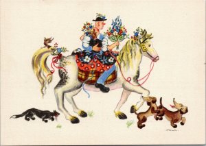 German Artist Hahn - Couple on horseback with dogs and cat  postcard